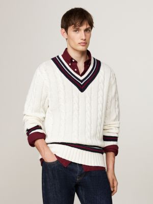 white cable knit wool blend v-neck jumper for men tommy hilfiger