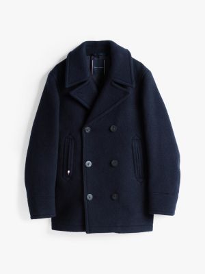 blue wool blend double breasted peacoat for men tommy hilfiger