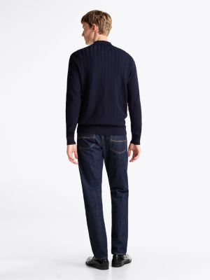 pull smart casual à chevrons et col polo bleu pour hommes tommy hilfiger