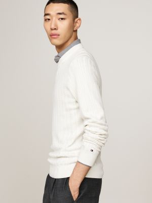 white smart casual herringbone weave jumper for men tommy hilfiger