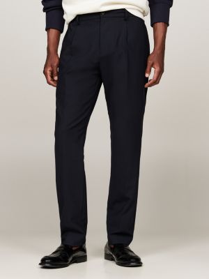 pantalón smart casual cónico con lana azul de hombres tommy hilfiger