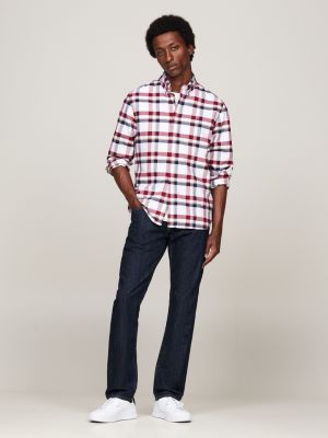 camisa oxford regular de cuadros roja de hombres tommy hilfiger