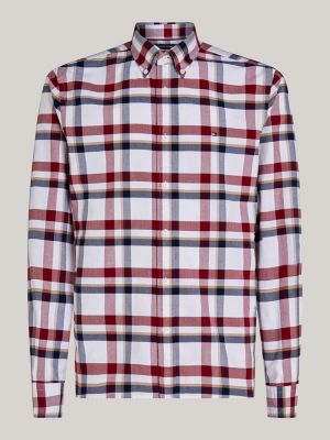 camisa oxford regular de cuadros roja de hombres tommy hilfiger