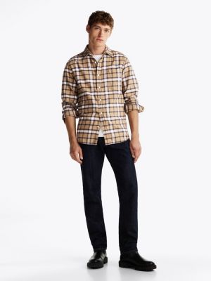 khaki brushed shadow check regular fit shirt for men tommy hilfiger