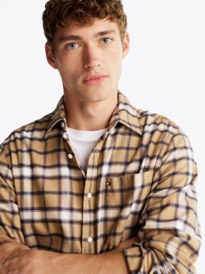 khaki gebürstetes regular fit hemd mit shadow-karos für herren - tommy hilfiger