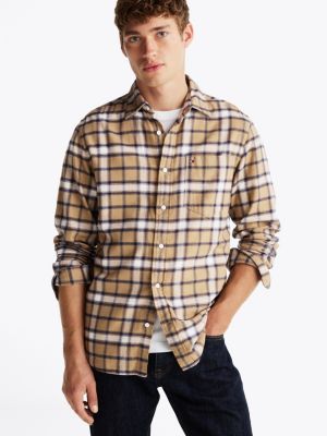 khaki brushed shadow check regular fit shirt for men tommy hilfiger