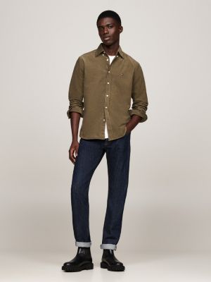 khaki regular fit corduroy overhemd voor heren - tommy hilfiger