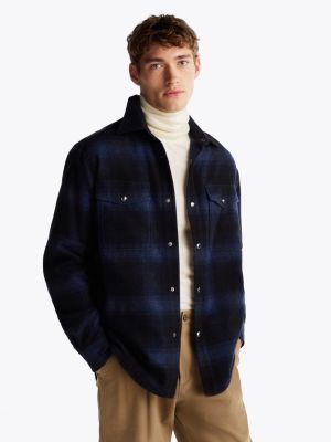 blue brushed check wool blend overshirt for men tommy hilfiger