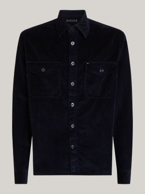 blauw relaxed corduroy overshirt met geborduurde vlag voor heren - tommy hilfiger