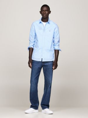 camicia slim fit in popeline con stampa blu da uomini tommy hilfiger