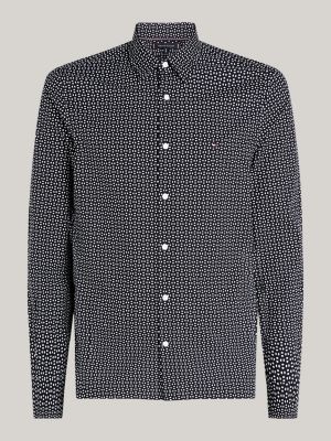 blauw slim fit poplin overhemd met print voor heren - tommy hilfiger