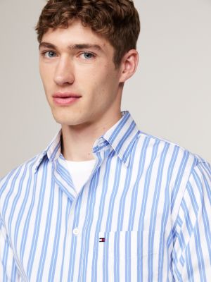 camisa regular con rayas dobles azul de hombres tommy hilfiger