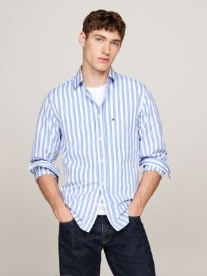 camisa regular con rayas dobles blue de hombres tommy hilfiger