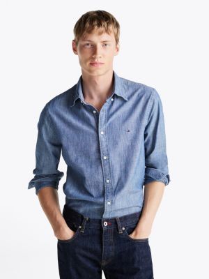 camicia regular fit in chambray blue da uomini tommy hilfiger