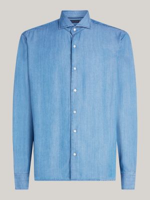 blue smart casual slim fit denim shirt for men tommy hilfiger