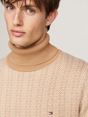 brown two-tone fair isle roll neck jumper for men tommy hilfiger