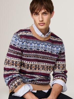 brown fair isle wool blend jumper for men tommy hilfiger