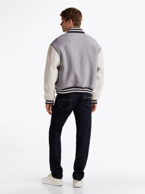 grey colour-blocked leather sleeve varsity jacket for men tommy hilfiger