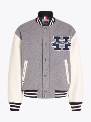 grey colour-blocked leather sleeve varsity jacket for men tommy hilfiger