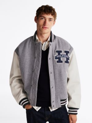 grey varsity-jacke in color block mit lederärmeln für herren - tommy hilfiger