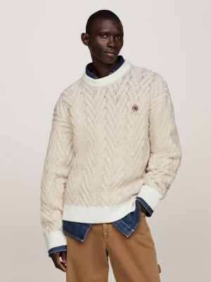 pullover relaxed fit in misto lana con stemma beige da uomini tommy hilfiger