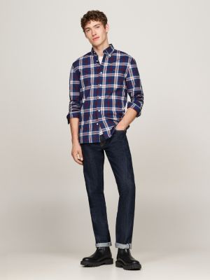 blue tommy tartan regular fit poplin shirt for men tommy hilfiger