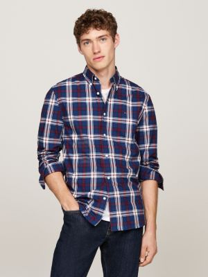 blue tommy tartan regular fit poplin shirt for men tommy hilfiger