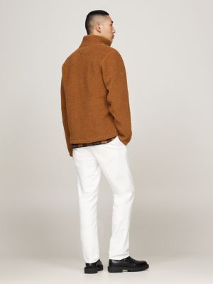 brown textured teddy fleece zip-thru sweatshirt for men tommy hilfiger