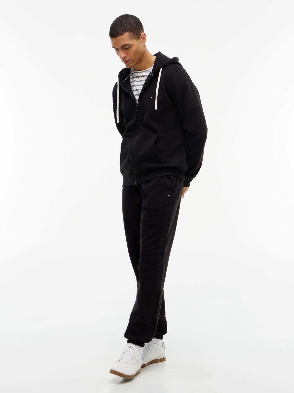 Contrast Drawstring Fleece Cuffed Joggers — Black