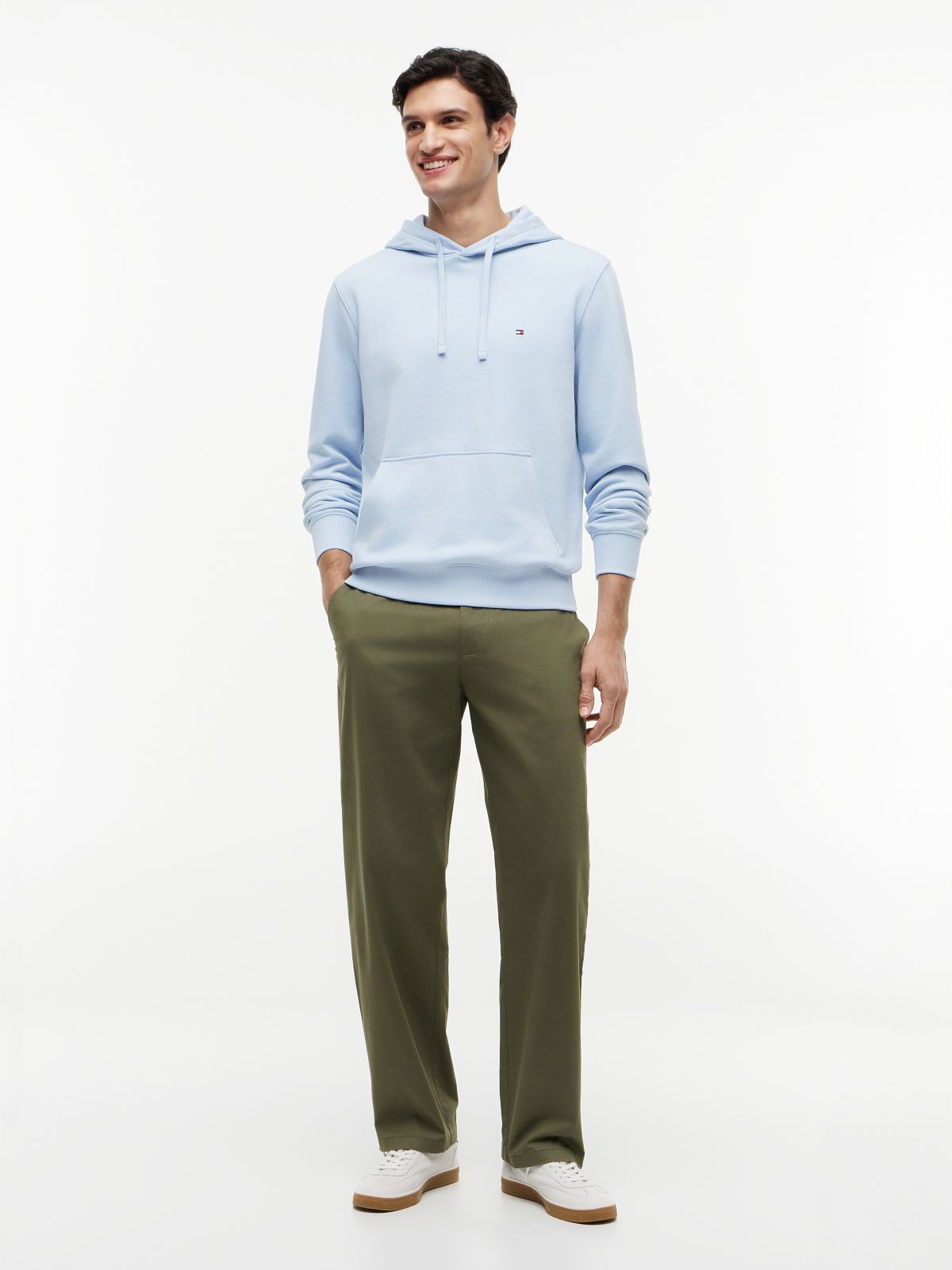 Flag Embroidery Terry Drawstring Hoody — Blue