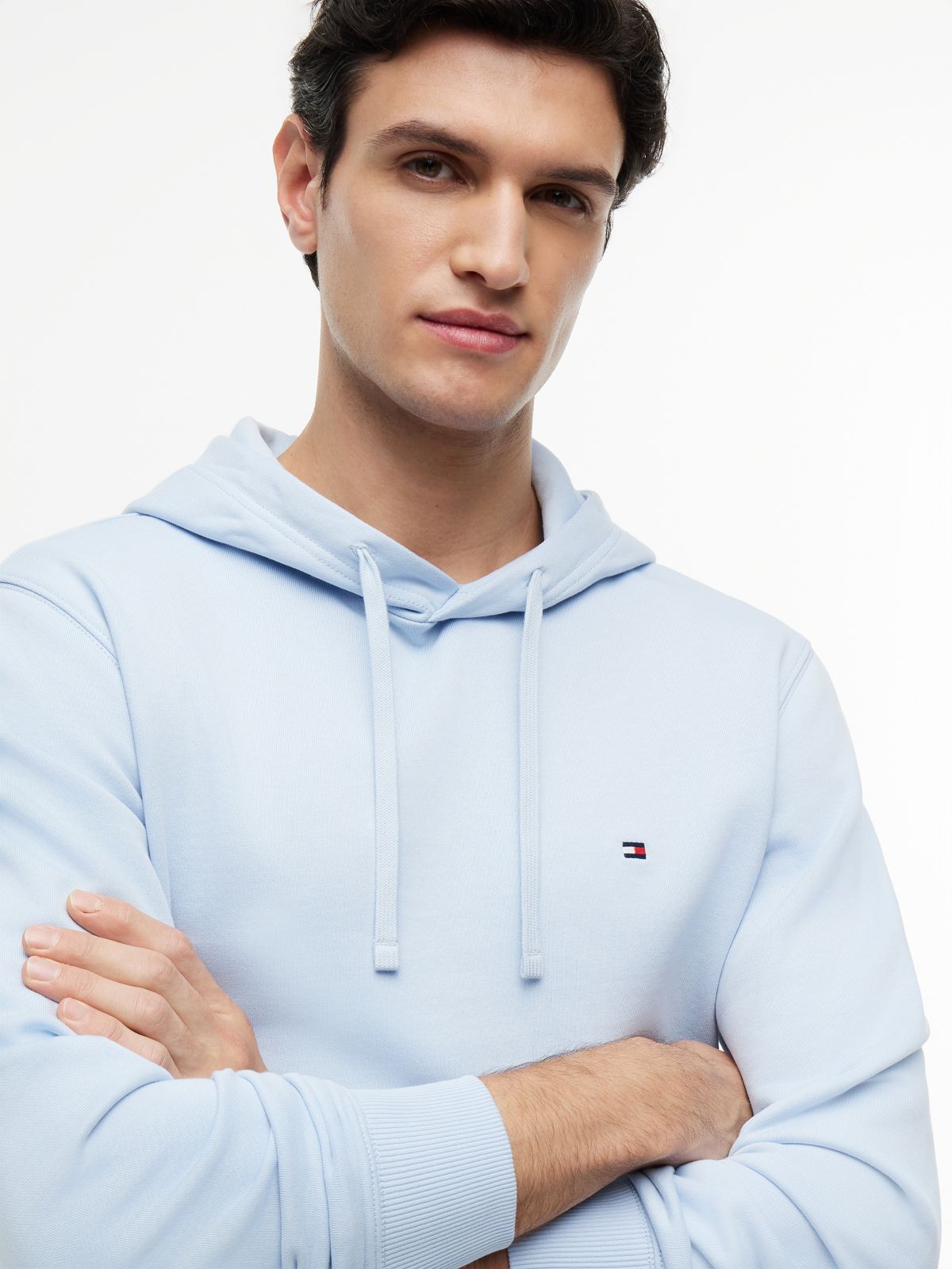 Flag Embroidery Terry Drawstring Hoody — Blue
