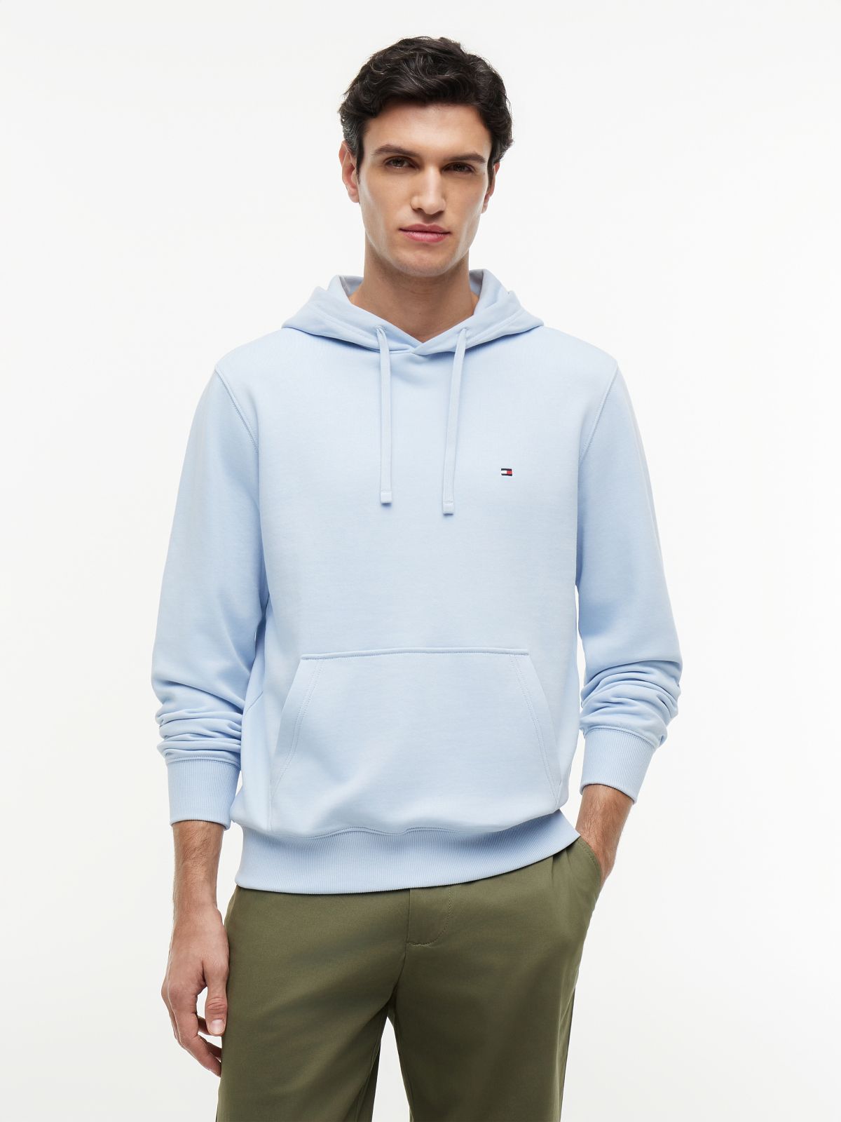 Flag Embroidery Terry Drawstring Hoody — Blue