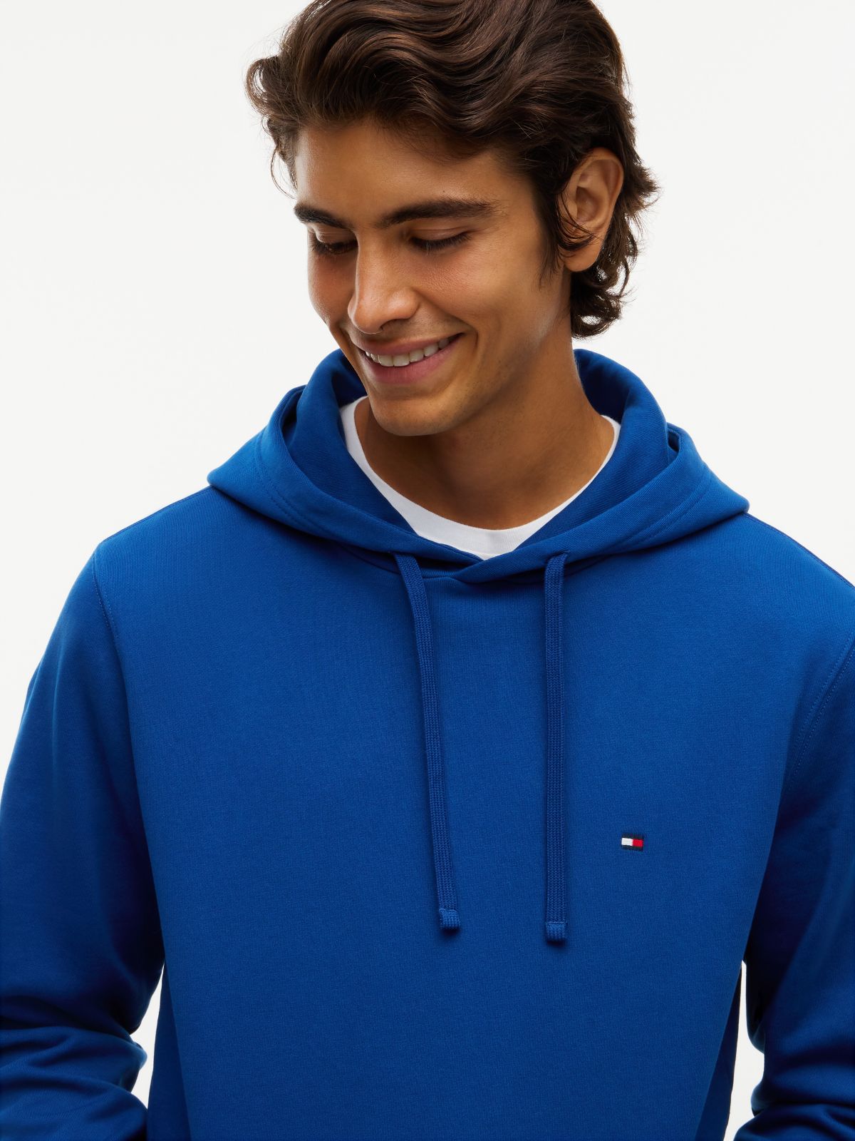 Flag Embroidery Terry Drawstring Hoody — Blue