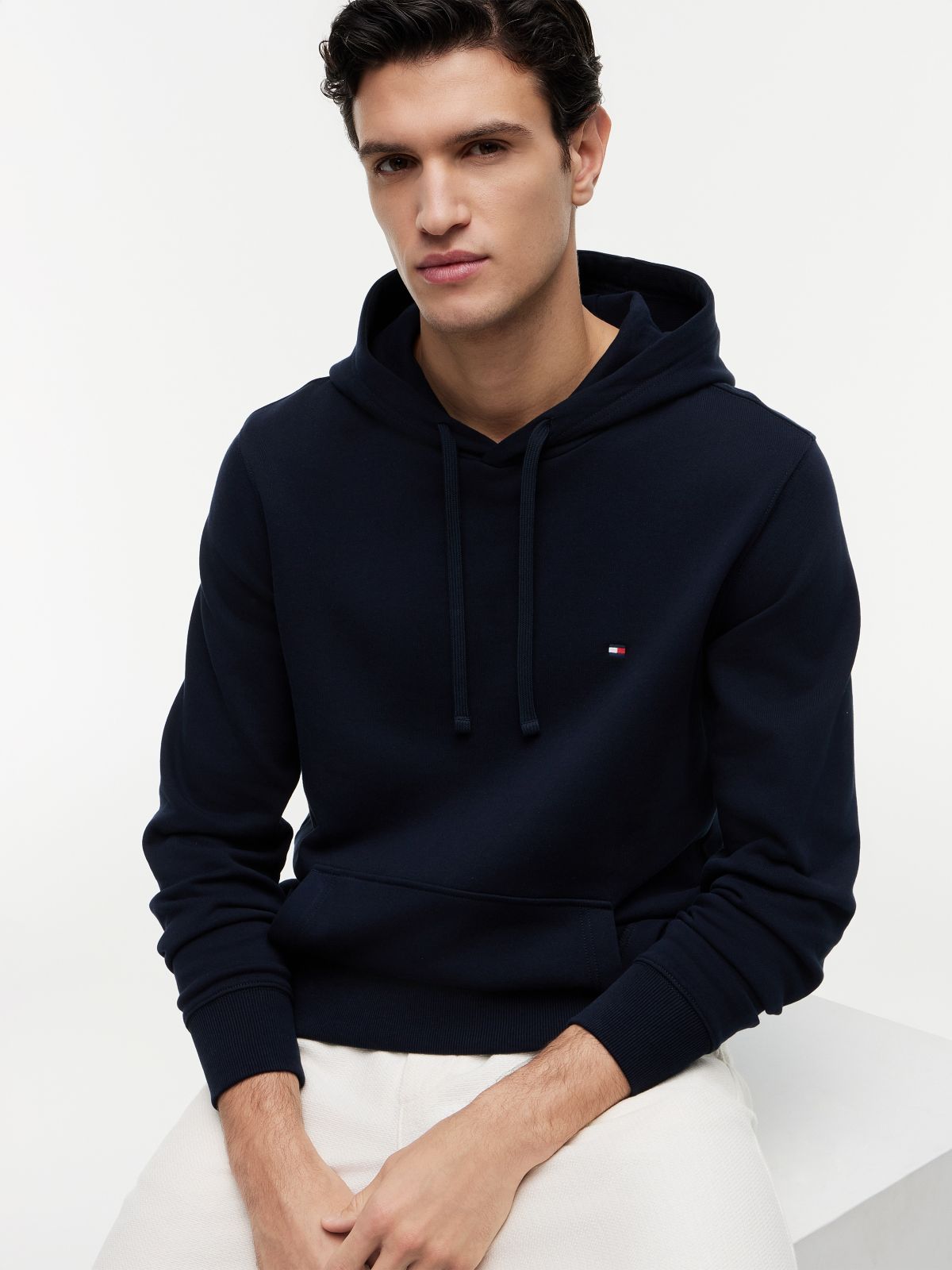 Flag Embroidery Terry Drawstring Hoody — Blue