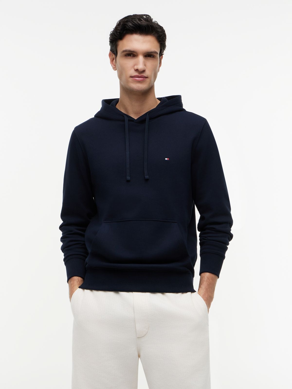 Flag Embroidery Terry Drawstring Hoody — Blue