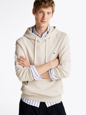 beige terry-hoodie mit flag-stickerei für herren - tommy hilfiger