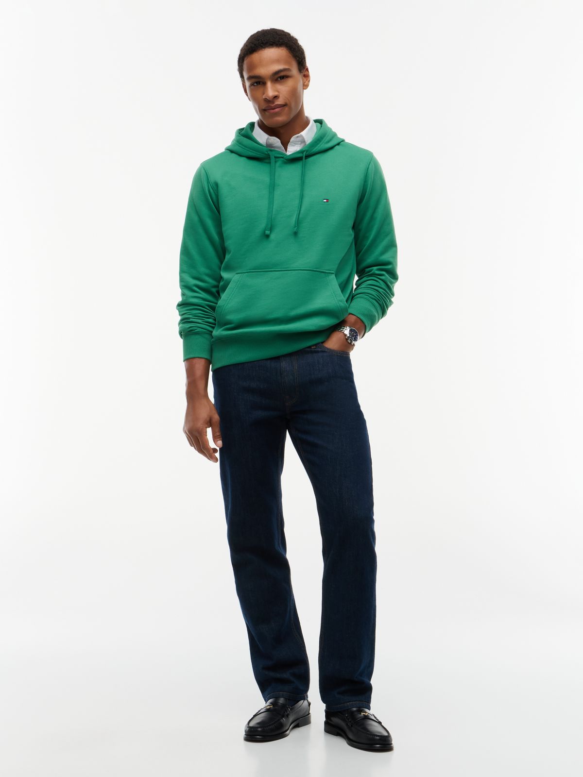 Flag Embroidery Terry Drawstring Hoody — Green