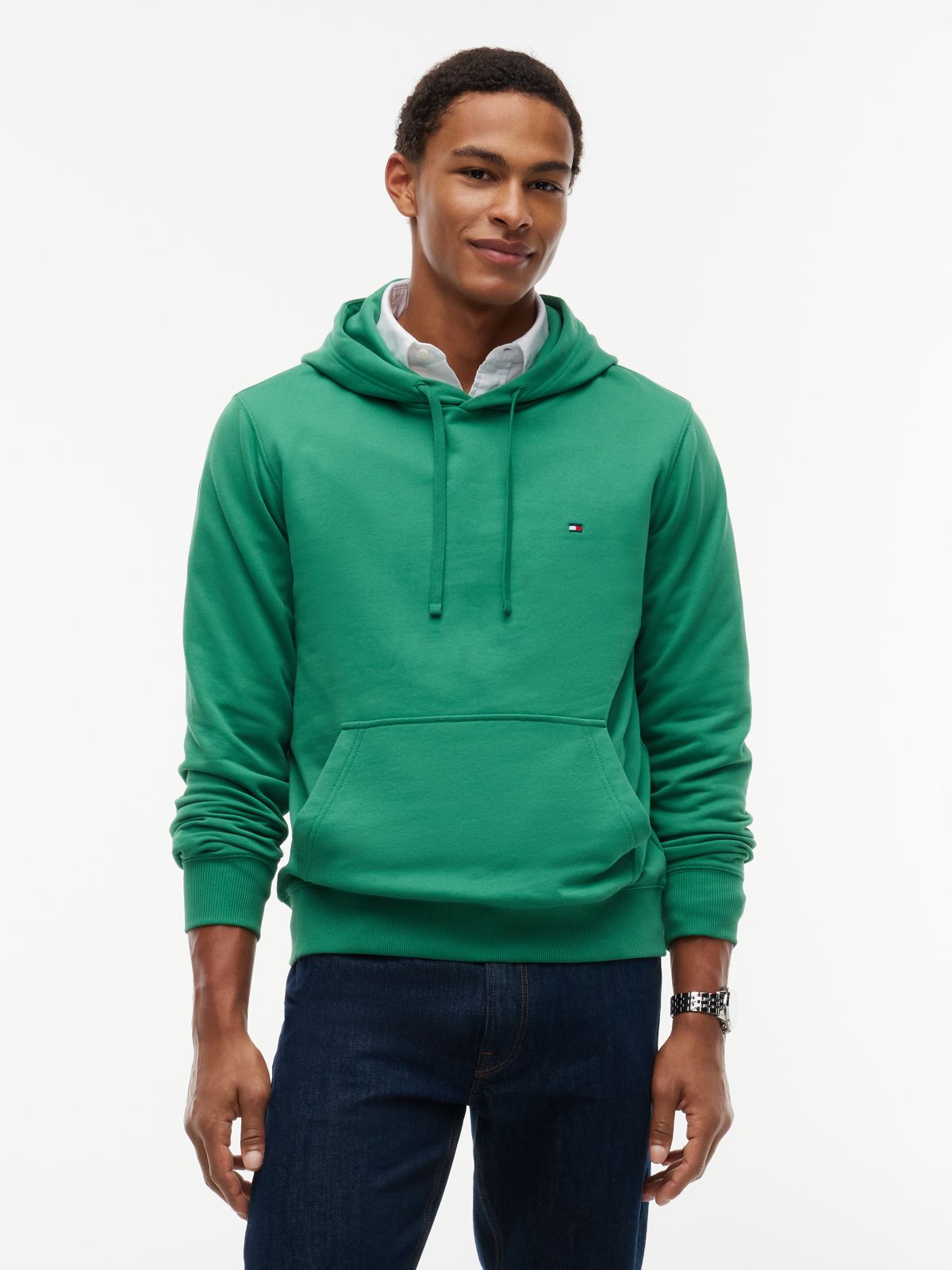 Flag Embroidery Terry Drawstring Hoody — Green