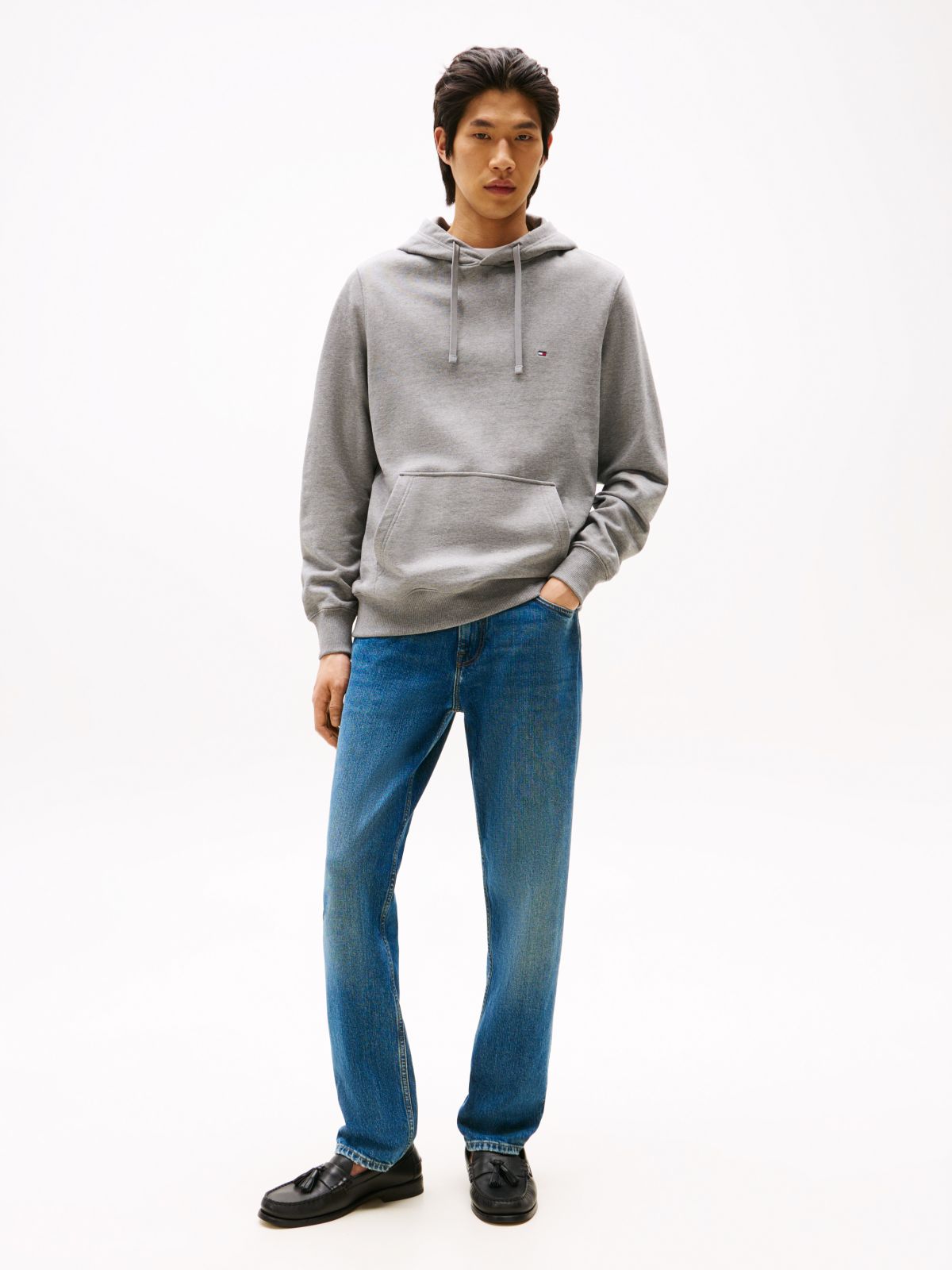 Flag Embroidery Terry Drawstring Hoody — Grey