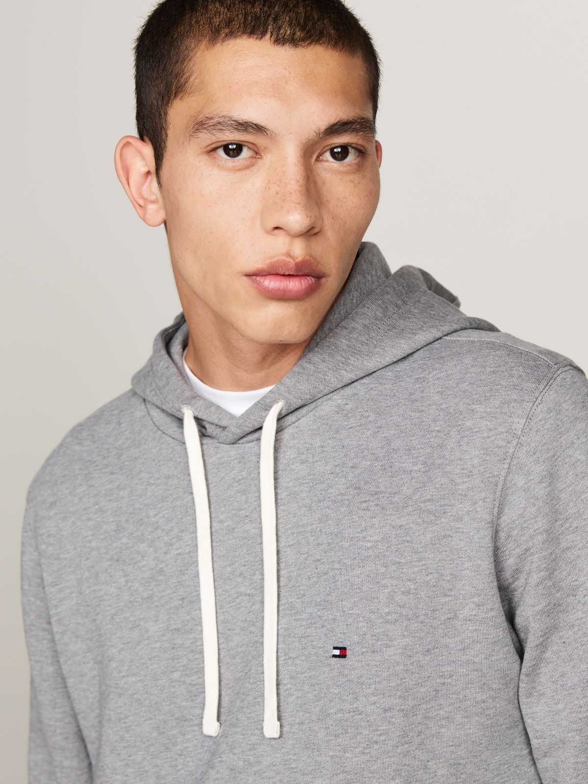 Flag Embroidery Terry Drawstring Hoody — Grey