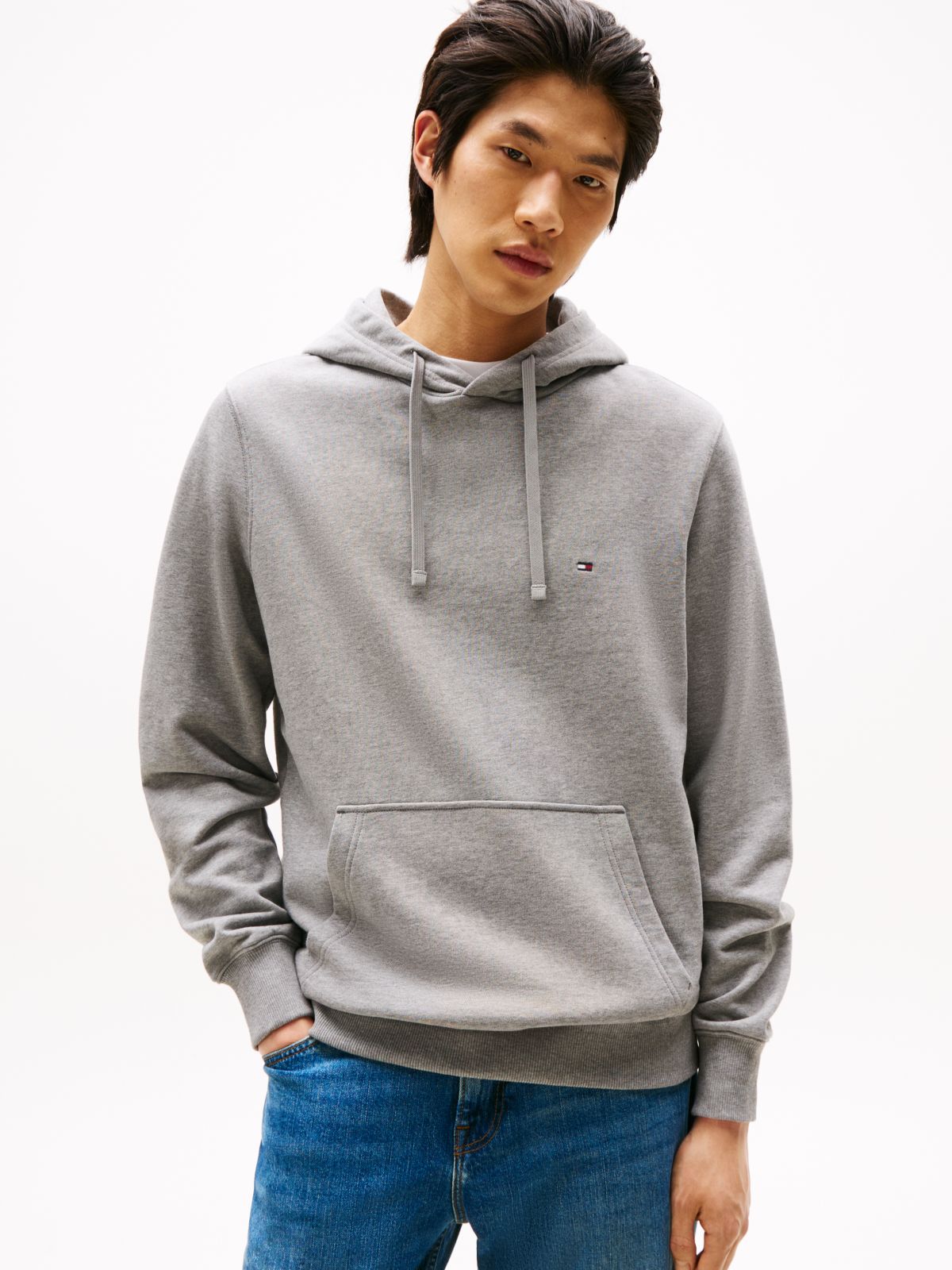 Flag Embroidery Terry Drawstring Hoody — Grey