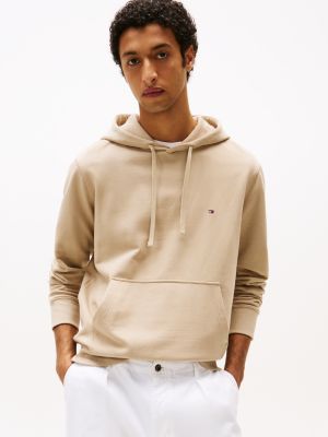 beige hoodie mit tunnelzug und flag-stickerei für herren - tommy hilfiger