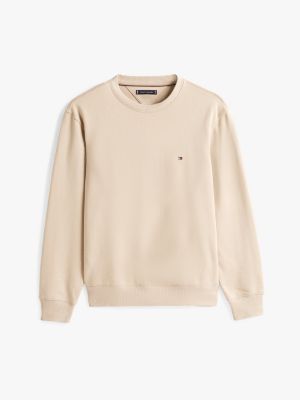 sudadera de cuello redondo con logo bordado beige de hombres tommy hilfiger