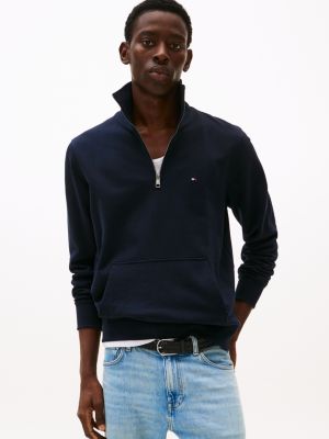 blue sweatshirt met 1/4-rits en geborduurde vlag voor heren - tommy hilfiger