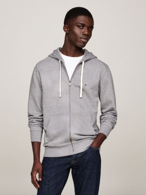 sweat à capuche en tissu éponge zippé gris pour hommes tommy hilfiger