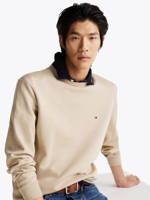 beige rundhals-sweatshirt aus intechno-strick für herren - tommy hilfiger