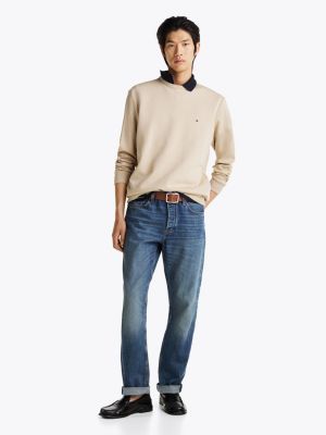 beige rundhals-sweatshirt aus intechno-strick für herren - tommy hilfiger