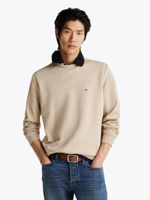 beige rundhals-sweatshirt aus intechno-strick für herren - tommy hilfiger