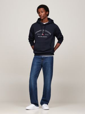 blauw hoodie met trekkoord en gebogen logo voor heren - tommy hilfiger