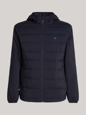 blue water repellent hooded quilted jacket for men tommy hilfiger